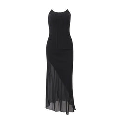 U neck mesh patchwork lace up maxi dress