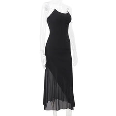 U neck mesh patchwork lace up maxi dress