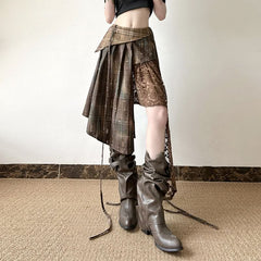 Plaid irregular lace patchwork midi skirt