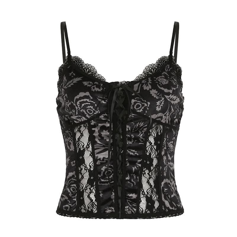 Lace hem print backless cami top