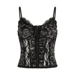 Lace hem print backless cami top