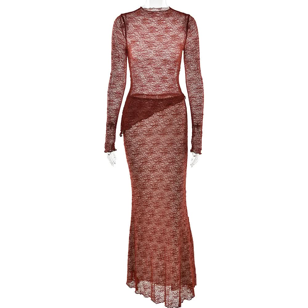 Long sleeve lace see through maxi skirt set
