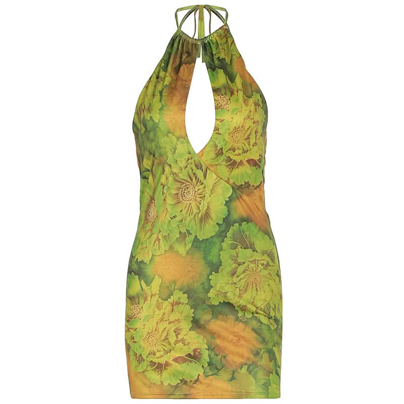 Halter hollow out backless flower print cut out mini dress