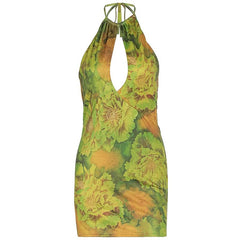 Halter hollow out backless flower print cut out mini dress