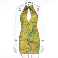 Halter hollow out backless flower print cut out mini dress