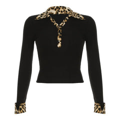 Turnover collar button long sleeve leopard print patchwork top