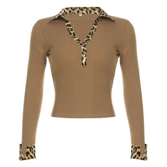 Turnover collar button long sleeve leopard print patchwork top