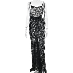 U neck flower applique lace backless cami maxi dress