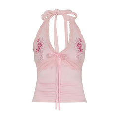 Halter embroidery bowknot lace hem top