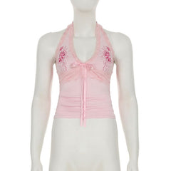 Halter embroidery bowknot lace hem top