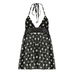 Halter v neck polka dot backless mini dress