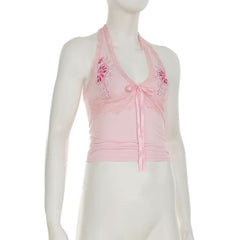 Halter embroidery bowknot lace hem top