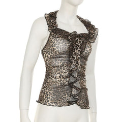 Halter ruffle leopard print backless top