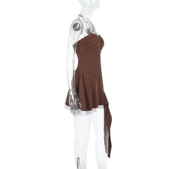 Halter metal chain ruffle mini dress