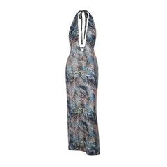 Halter v neck backless contrast maxi dress