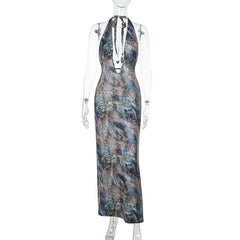 Halter v neck backless contrast maxi dress