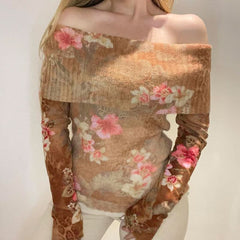 Off shoulder long sleeve flower print contrast top