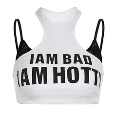Crewneck hollow out letter pattern patchwork cut out top