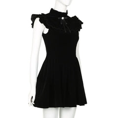 Ruffle bowknot cap sleeve zip-up velvet mini dress