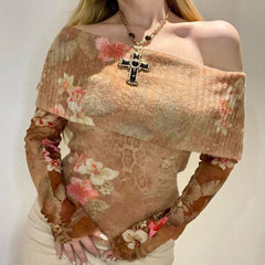Off shoulder long sleeve flower print contrast top
