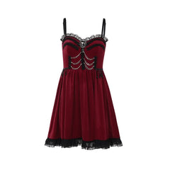 Lace hem metal chain ruched v neck cami mini dress
