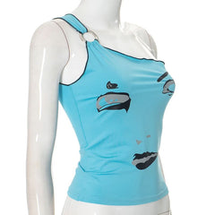 Irregular o ring one shoulder character pattern top