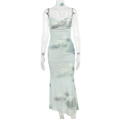 Ruched lotus print backless cami midi dress