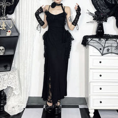 Lace slit v neck ruched backless cami maxi dress