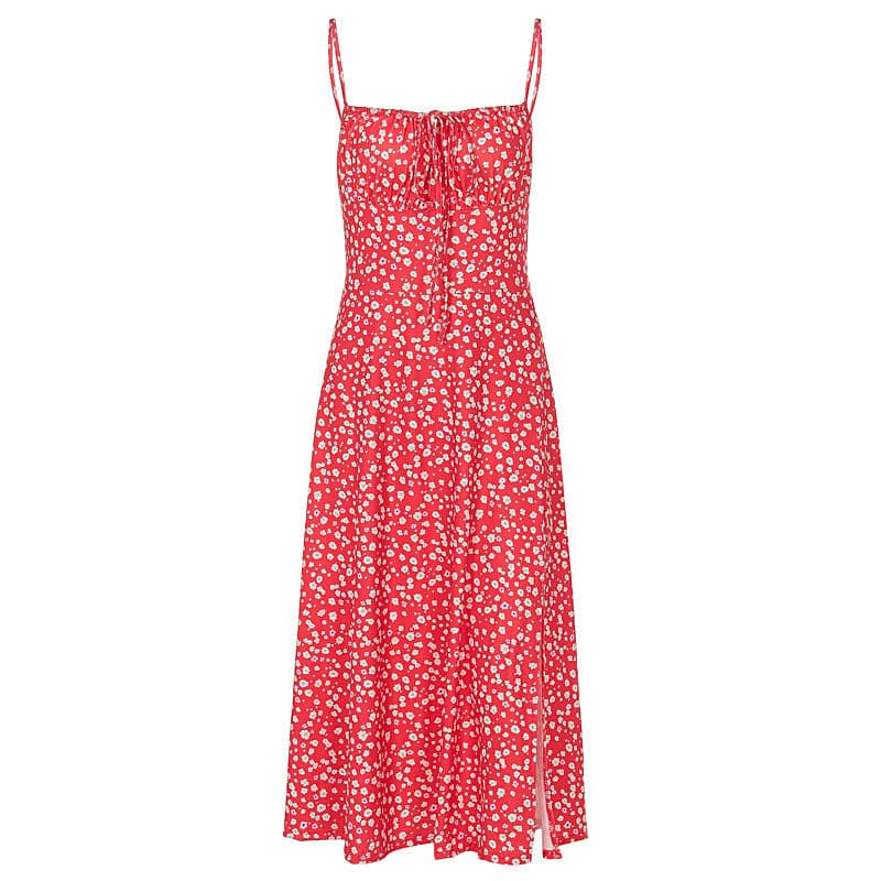 Square neck flower print slit cami midi dress