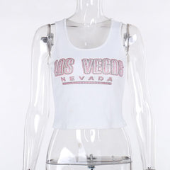 Ribbed u neck letter pattern tank top