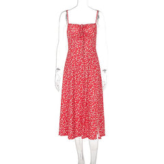 Square neck flower print slit cami midi dress