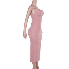 Cross back self tie slit square neck cami midi dress