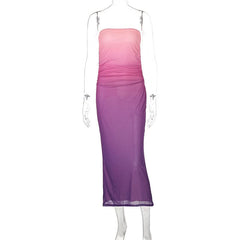 Gradient mesh ruched backless tube midi dress