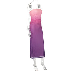 Gradient mesh ruched backless tube midi dress