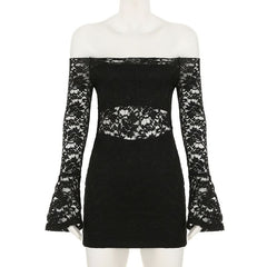 Long flared sleeve lace off shoulder solid mini dress