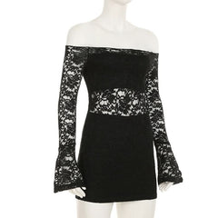 Long flared sleeve lace off shoulder solid mini dress