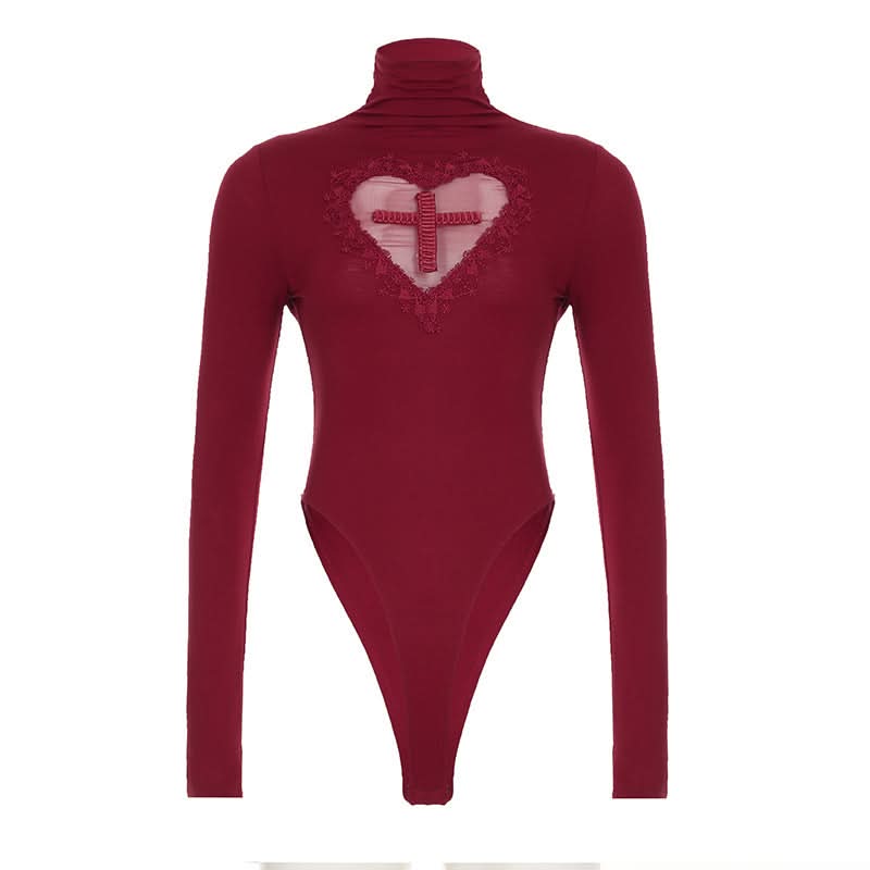 Long sleeve high neck button lace hem mesh bodysuit