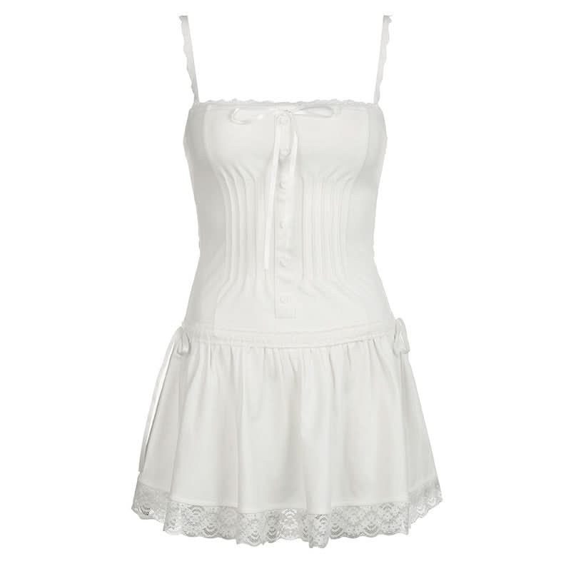 Square neck lace hem button zip-up cami mini dress