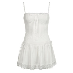 Square neck lace hem button zip-up cami mini dress
