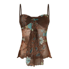 Ruffle v neck flower print mesh cami top