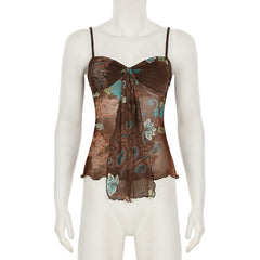 Ruffle v neck flower print mesh cami top