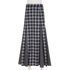 Plaid patchwork contrast zip-up maxi skirt