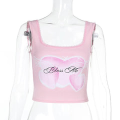 Square neck lace hem sweetheart print tank top