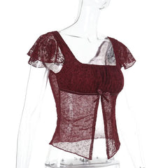 Cap sleeve square neck lace bowknot crop top