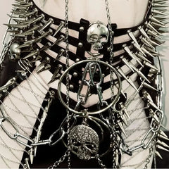 PU leather metal chain skull applique belt top