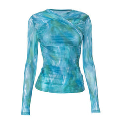 Long sleeve mesh ruched contrast top