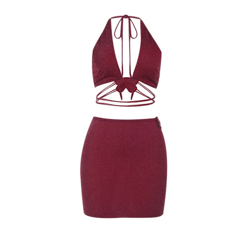 Halter v neck glitter butterfly applique mini skirt set