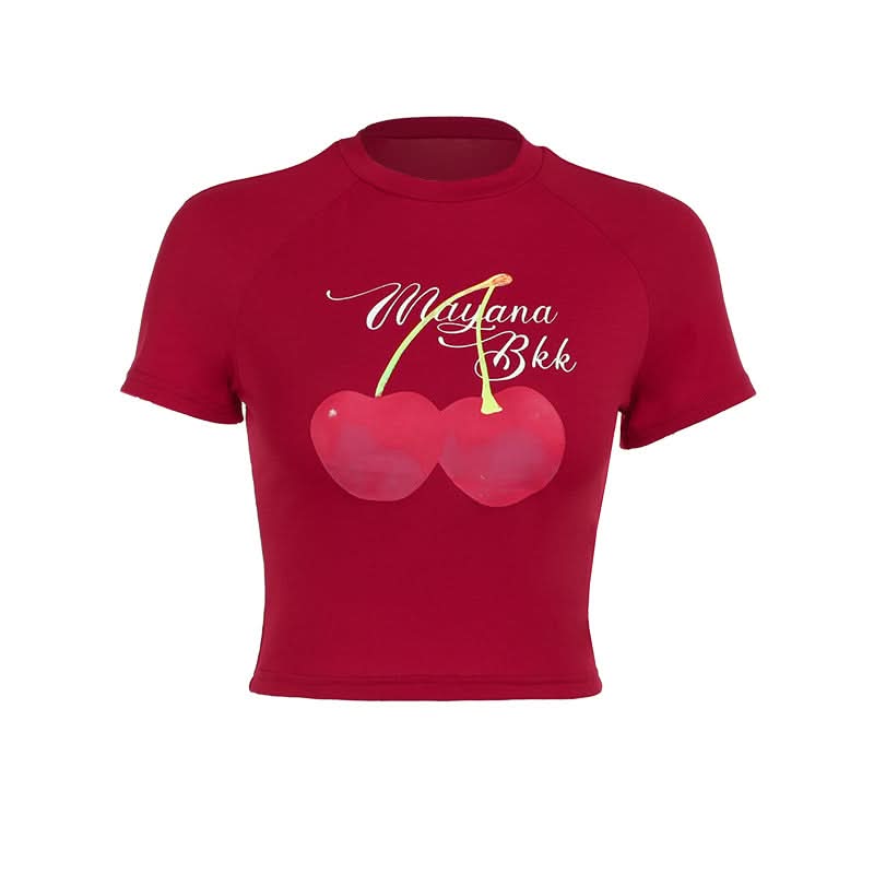 Crewneck short neck cherry print top