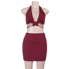 Halter v neck glitter butterfly applique mini skirt set