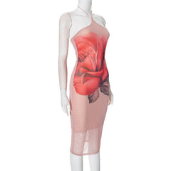 Halter flower print backless mesh midi dress